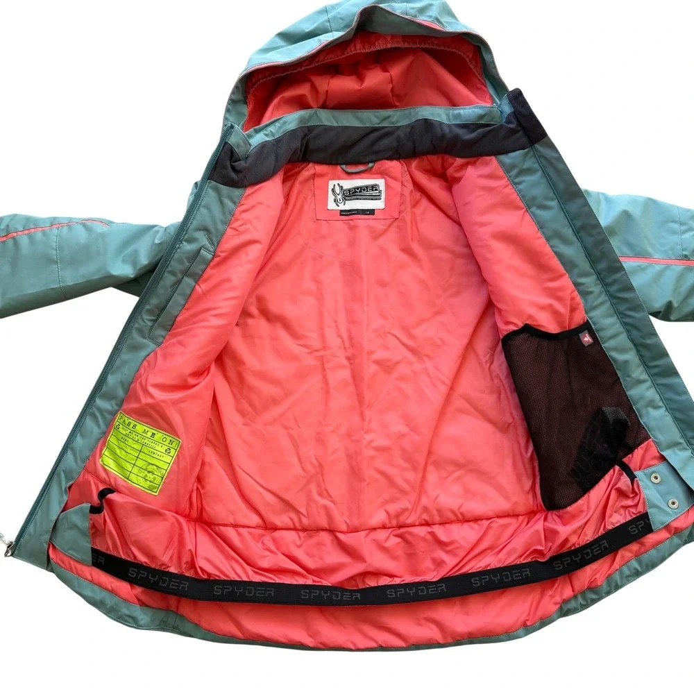 Spyder Kids Insulated Ski Snowboard Jacket Teal Pink Hooded Winer Size 18 XS/S‎